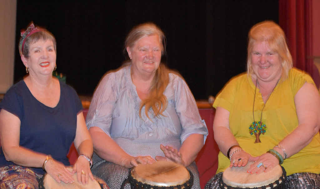 Del Maxwell, Marie Mikkelsen and Susan Skilton enjoyed the drumming workshop for Mental Health Week.